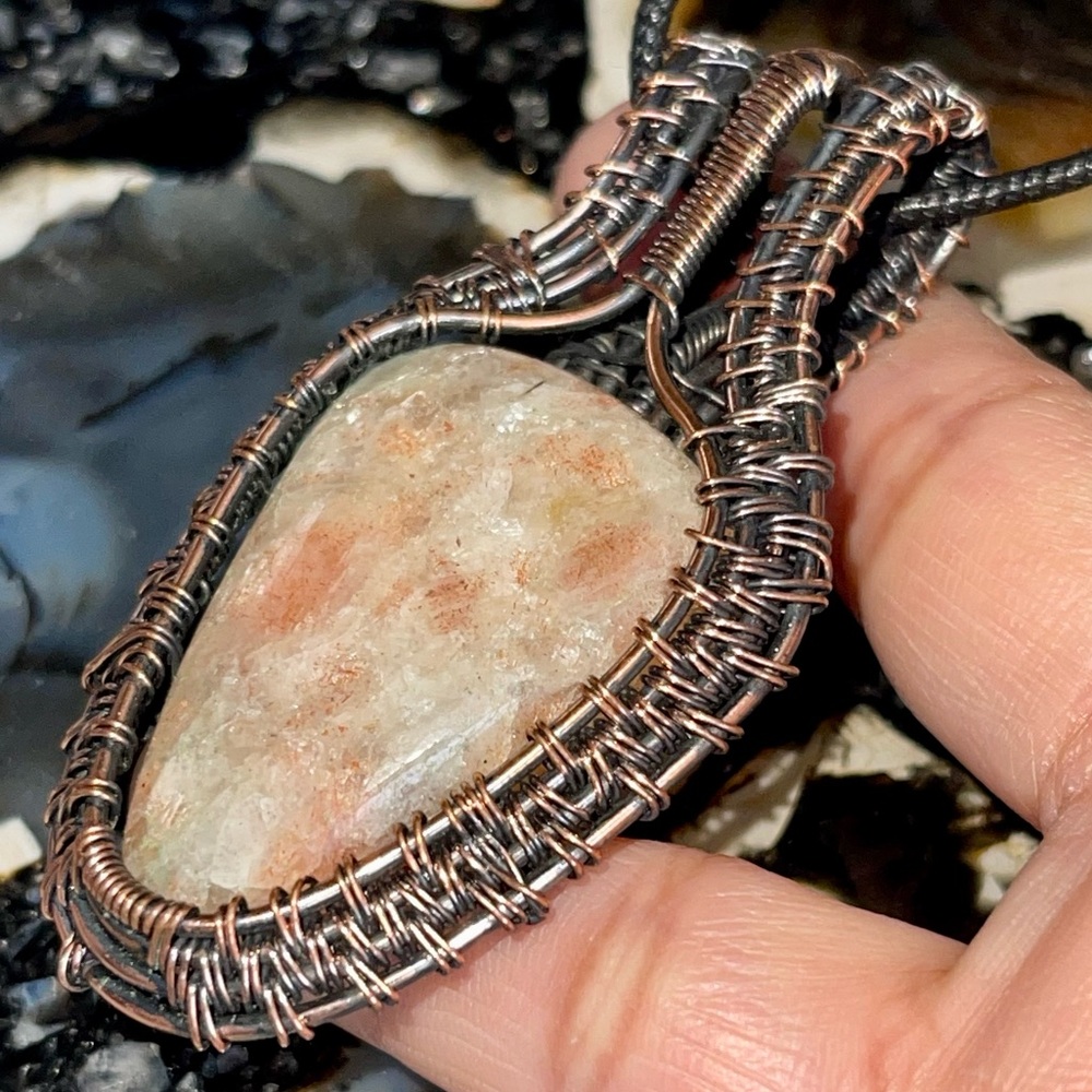 Large Copper WireWrapped Peach Sunstone Crystal Pendant 2 1/2”